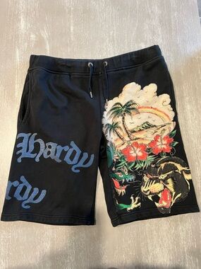 Ed Hardy Men’s Black drawstring Shorts with Tropical Scene & Panther size Large